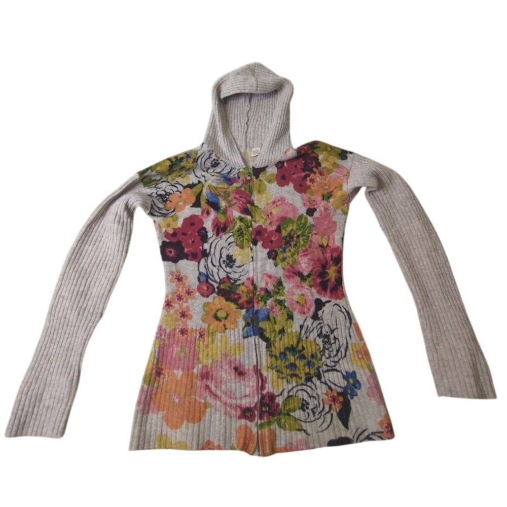 100% Wool Floral Hooded Tunic Sweater fairycore Cottagecore Mixed Media FLAW